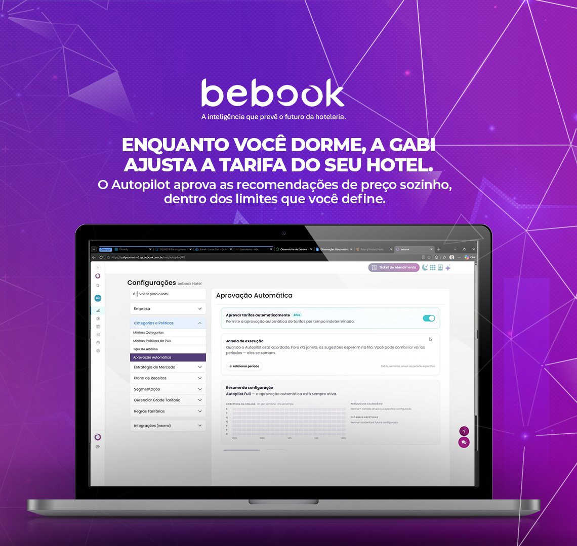 Enquanto você dorme, a GABI ajusta a tarifa do seu hotel. O Autopilot aprova as recomendações de preço sozinho, dentro dos limites que você define.