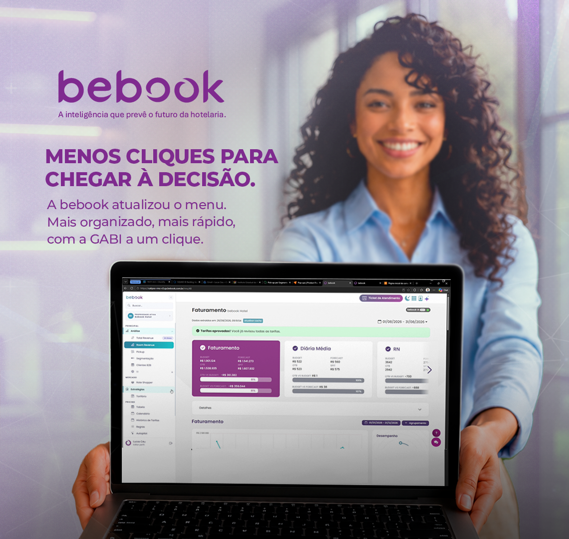 Menos cliques para chegar à decisão. A bebook atualizou o menu. Mais organizado, mais rápido, com a GABI a um clique.