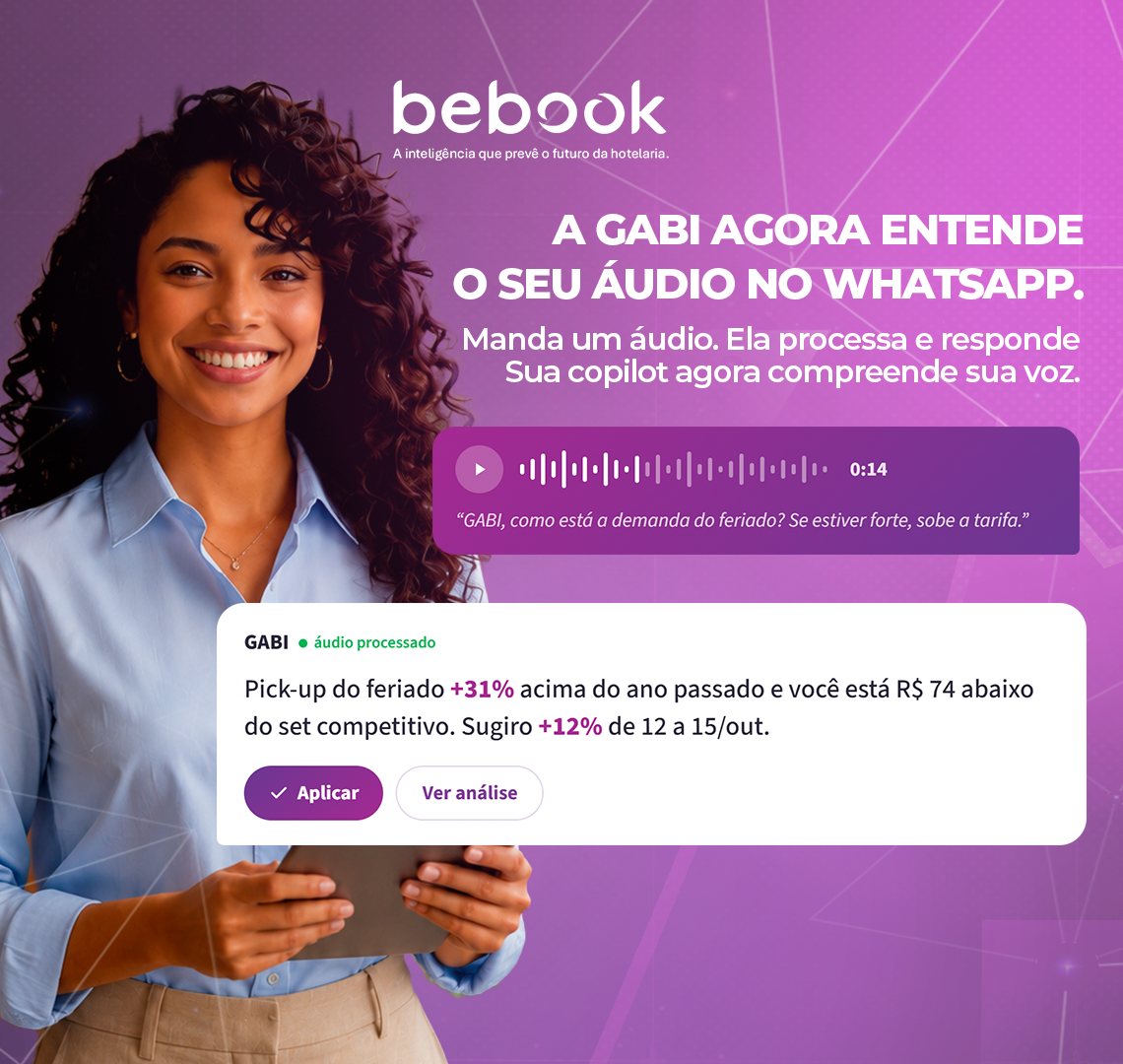 A GABI agora entende o seu áudio no WhatsApp. Manda um áudio. Ela processa e responde. Sua copilot agora compreende sua voz.